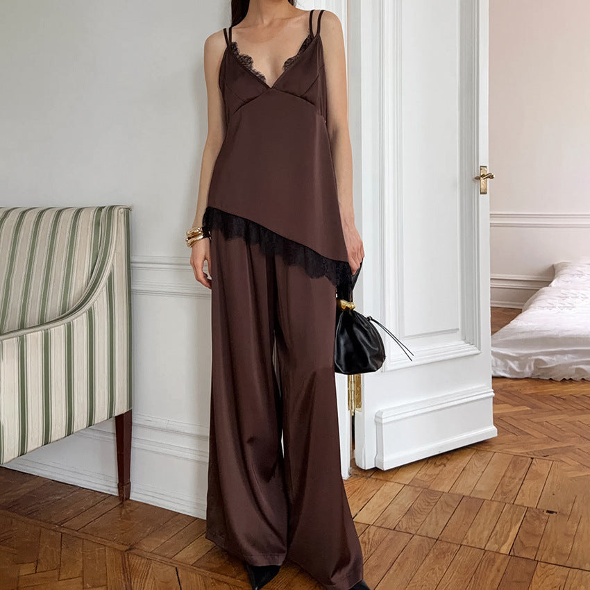 Women Stitching Lace Imitated Silk Pajamas Suspender Trousers Two Piece Sets Home Wear Autumn