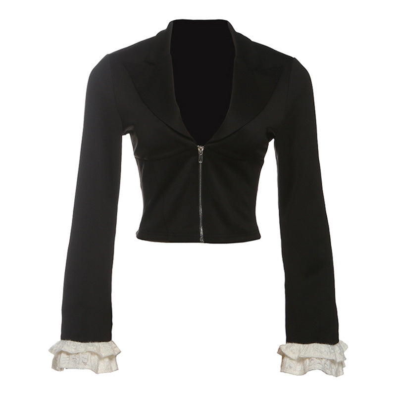 Fall Women Clothing Sexy Deep V Plunge Collared Waist Tight Slimming Zipper Coat Top Women