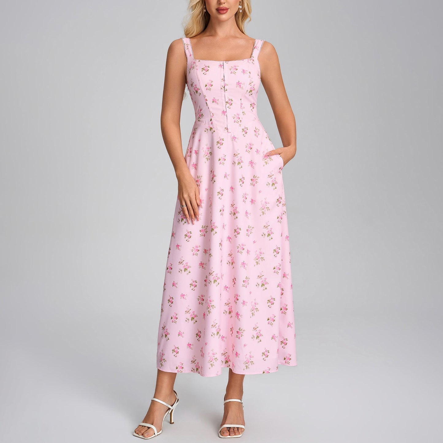 Summer Printing Slip Dress Sexy Square Collar Backless Lace up Slim Vacation Dress