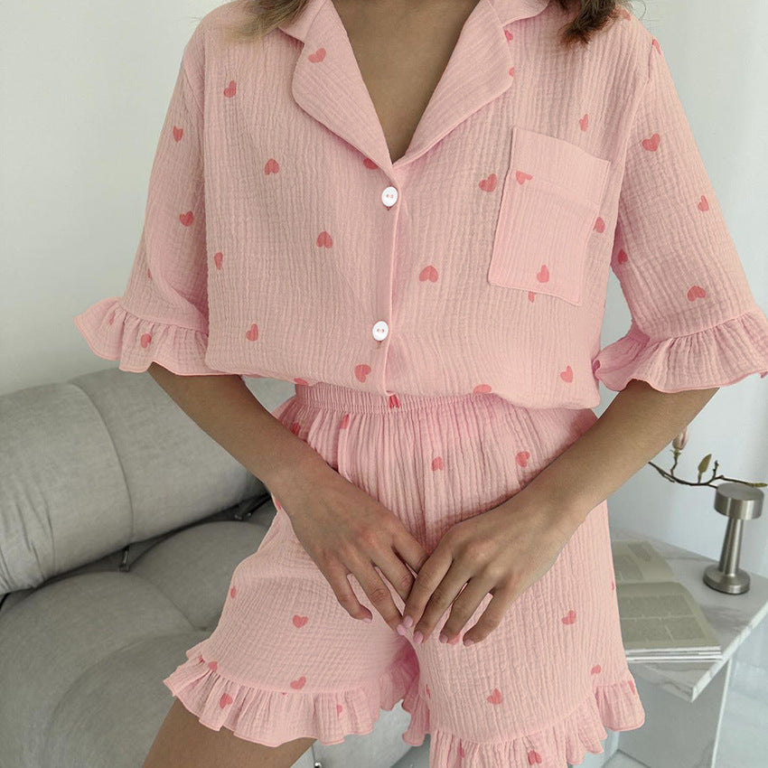 Summer Women Pajamas Crepe Cotton Heart Printing Short Sleeved Shorts Two Piece Home Wear