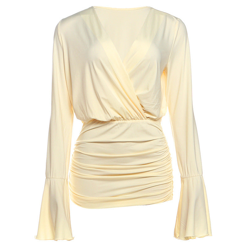 Fall Women Clothing Sexy V neck High Waist Slim Ruffle Hip Bell Sleeve Dress