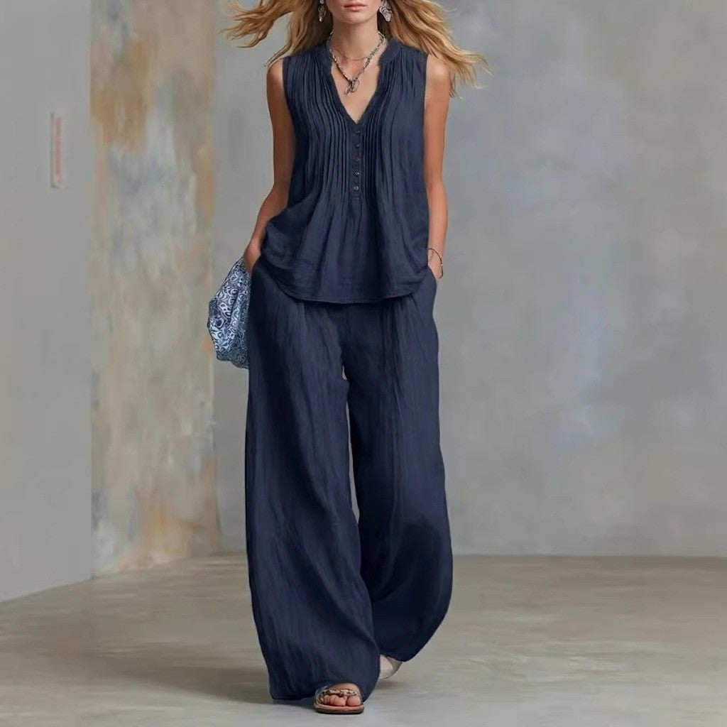 Women Clothing Summer Casual Stylish Solid Color Sleeveless V neck Set