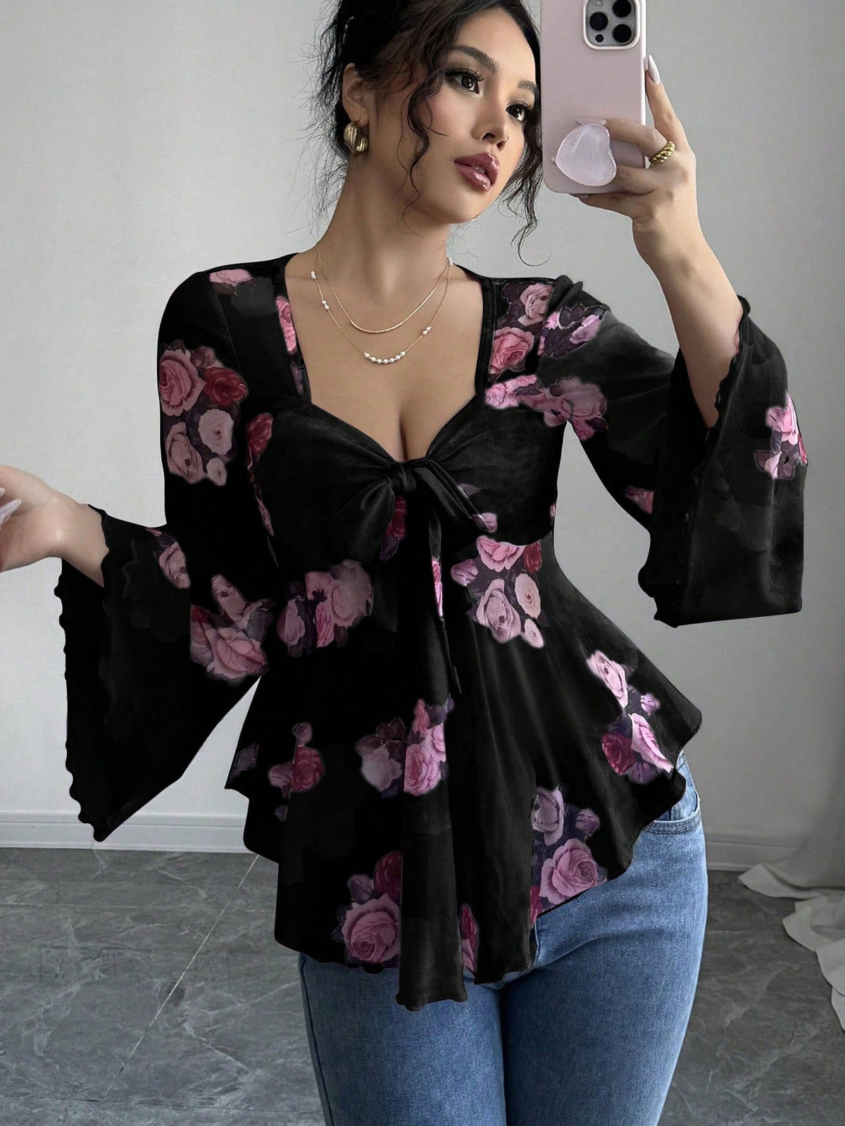 French Sweet Floral Blooming Lace up Square Collar Long Sleeve Shirt