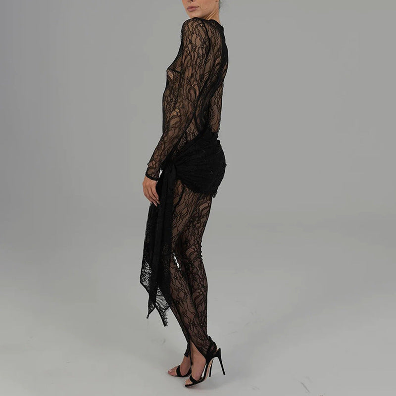 Fall Sexy Hollow Out Cutout Lace Sheer Long Sleeve Slim Fit Patchwork Jumpsuit for Women