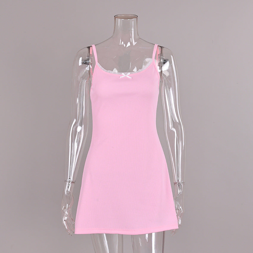 Sunken Stripe Knitted Slip Nightdress White Lace Skin Friendly Comfortable Homewear Pajamas