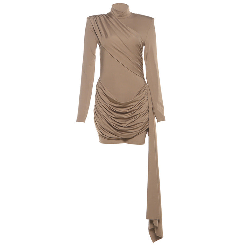 Autumn Winter Women round Neck Backless Slim Fit Sheath Ribbon Pleated Long Sleeve Elegant Dress Women
