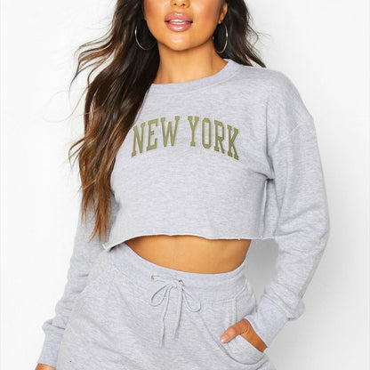 Women Clothing Autumn Winter York Letter Graphic Printing Short Loose Long Sleeves Sweatshirt