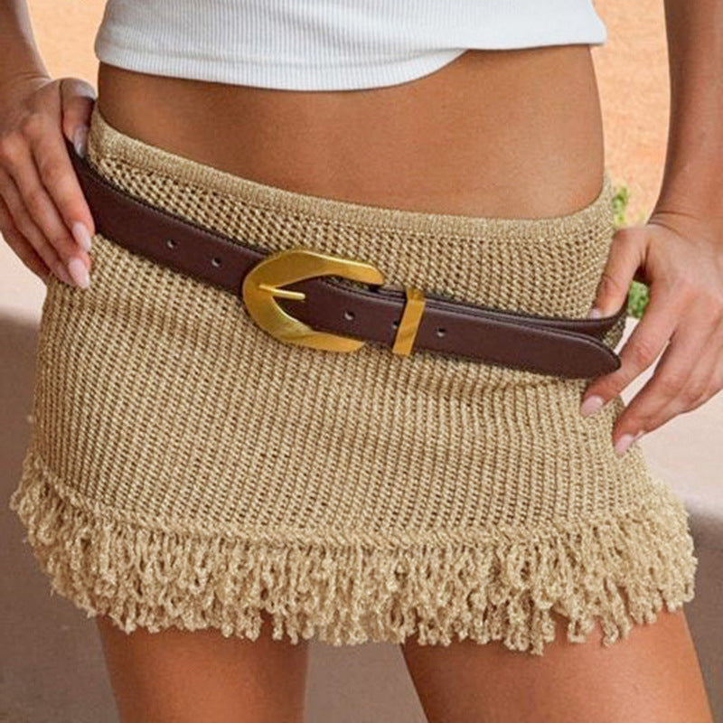 Women Elegant Sexy A line Skirt Low Waist Tassel Woolen Skirt for Women