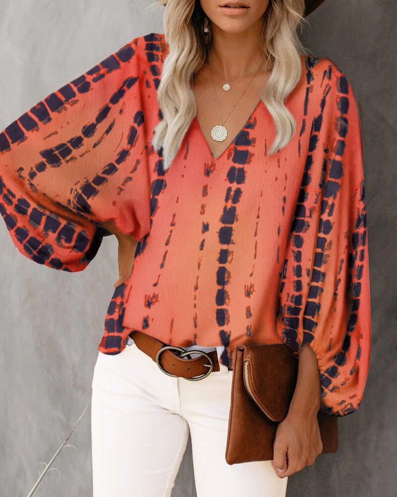 Spring Summer Women V-neck Lantern Sleeve Printed Long-Sleeved Top
