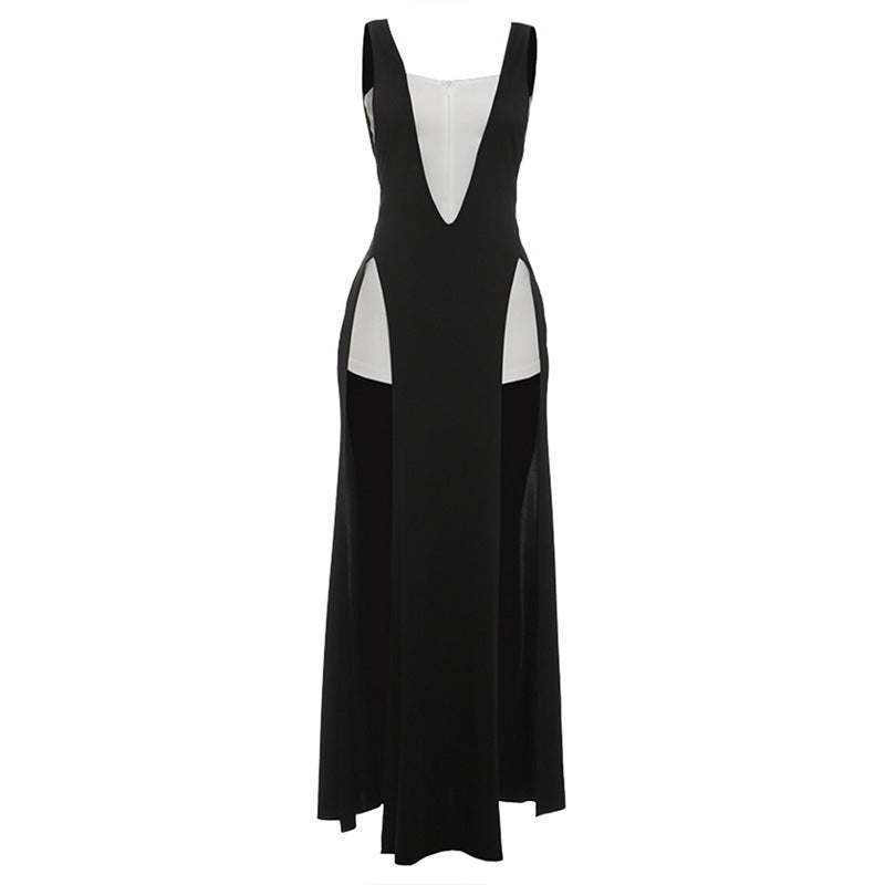 Fall Sexy Low Cut Backless Stitching Split High Waist Slim Fit Jumpsuit Maxi Dress for Women