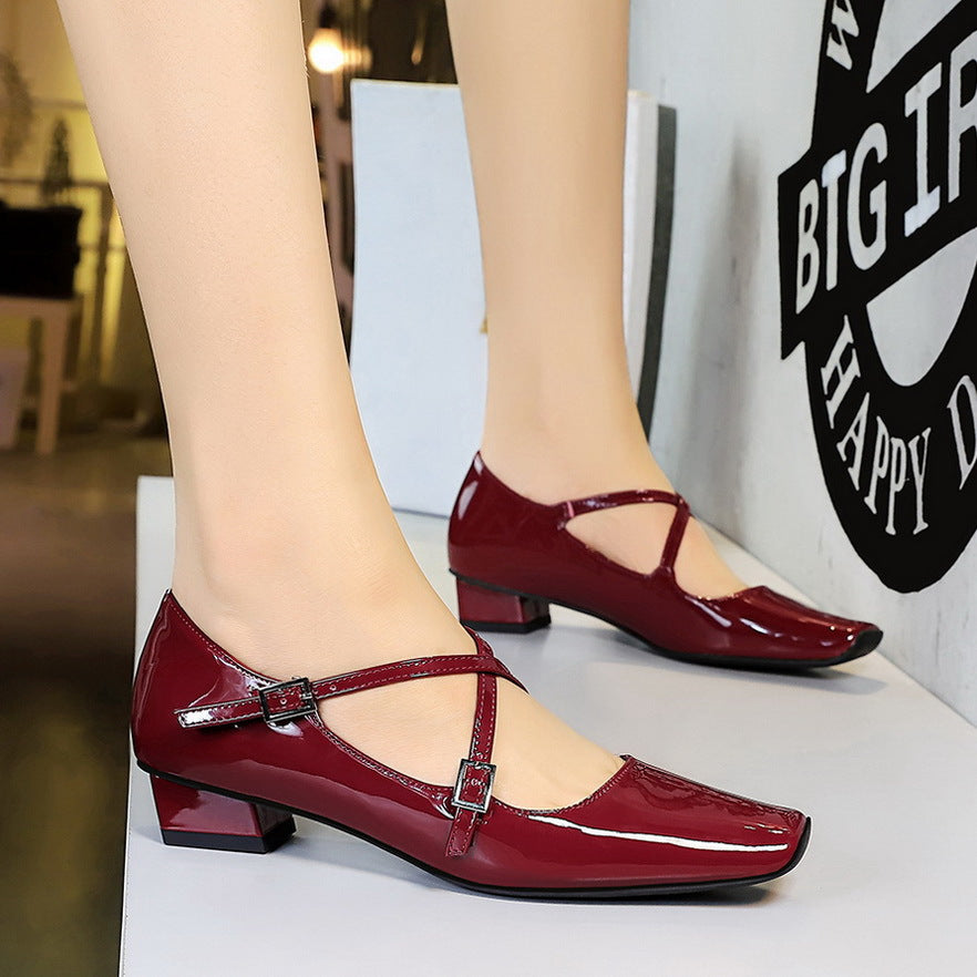 Dating Cross Women Strap Shoes Square Head Chunky Heel Metal Shiny Patent Leather Hollow Out Cutout out Pumps