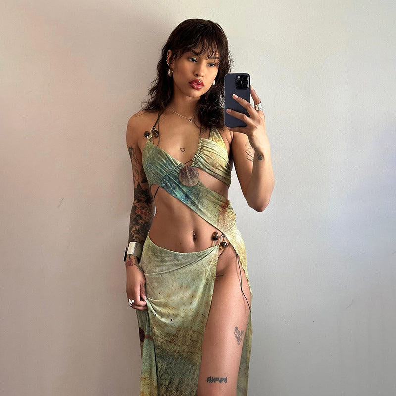 Summer Women Clothing Sexy Cutout Printed Slim Fit Slim Fit Dress