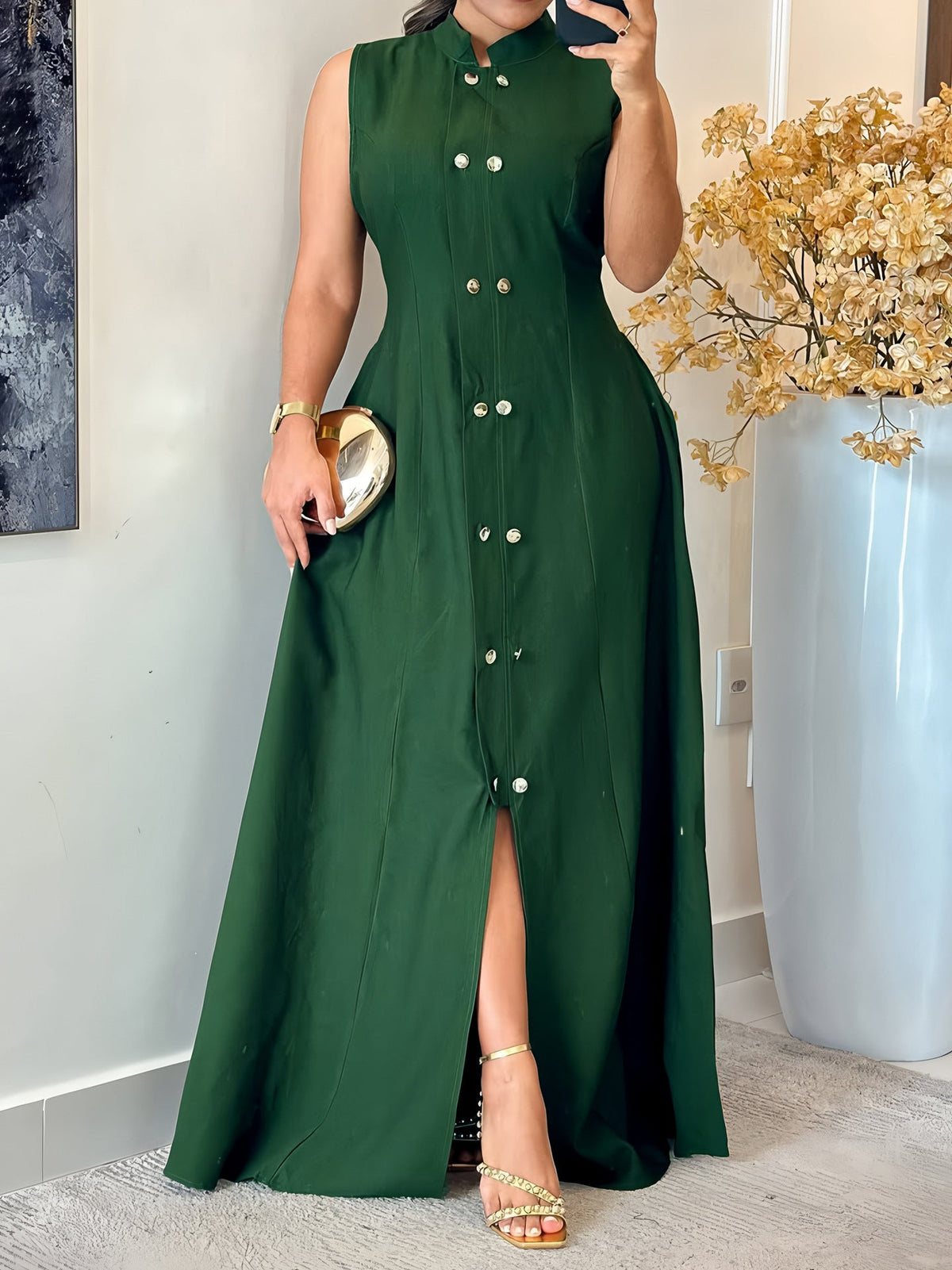 Women Solid Color Casual Elegant Graceful Sleeveless Button Waist A line Dress
