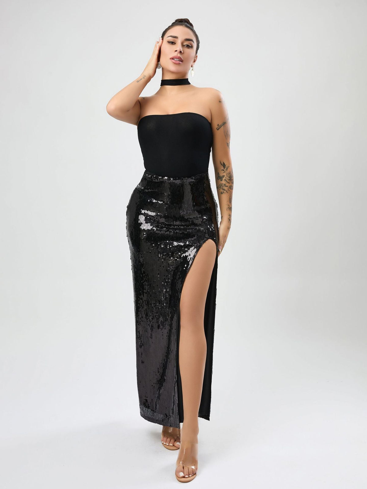 High Quality Sexy Slit Sequin Dress Autumn Women Clothing High Sense Tutu