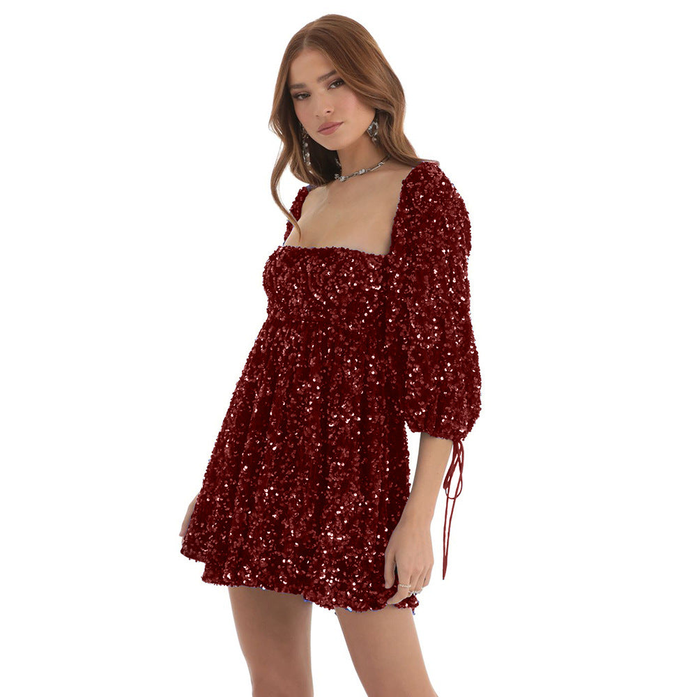 Plus Size Loose Version Sequin Dress Summer Casual round Neck Short Sleeve Solid Color Wide Hem Dress