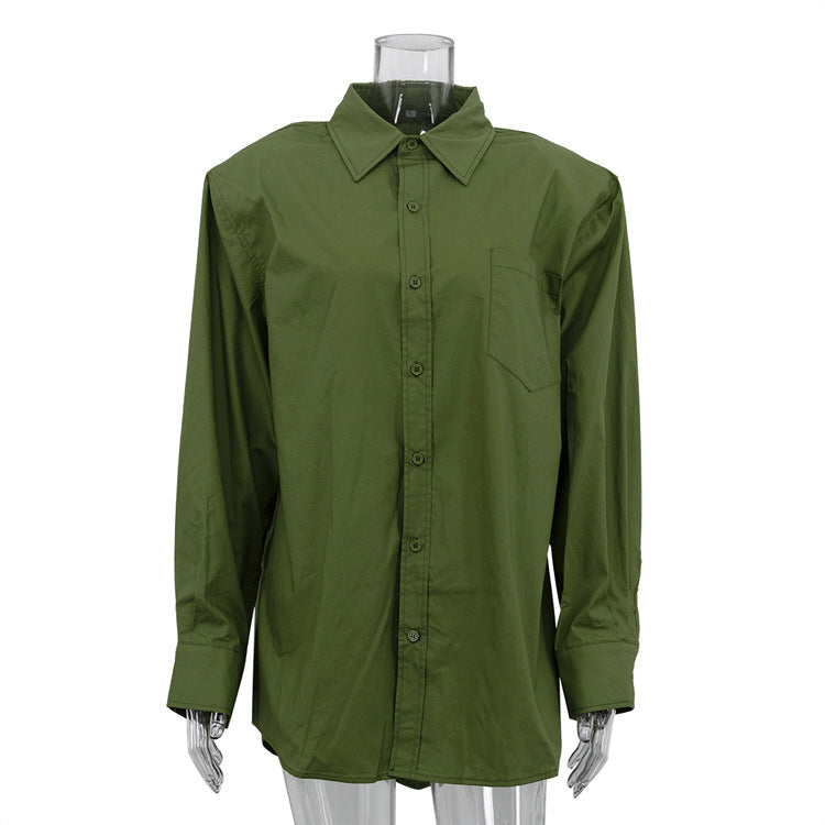 Simple Women Cotton Shirt Autumn Polo Collar Long Sleeve Cardigan Casual All Matching