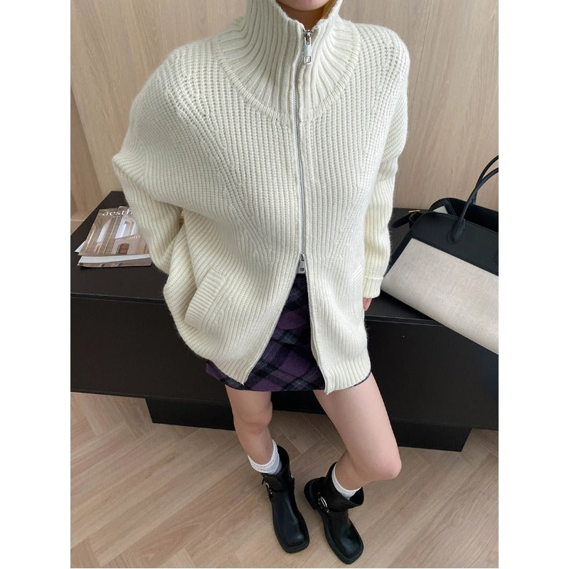 Loose Feeling Weekend Soft Glutinous Idle Double Zipper Loose Knitted Cardigan Sweater Coat