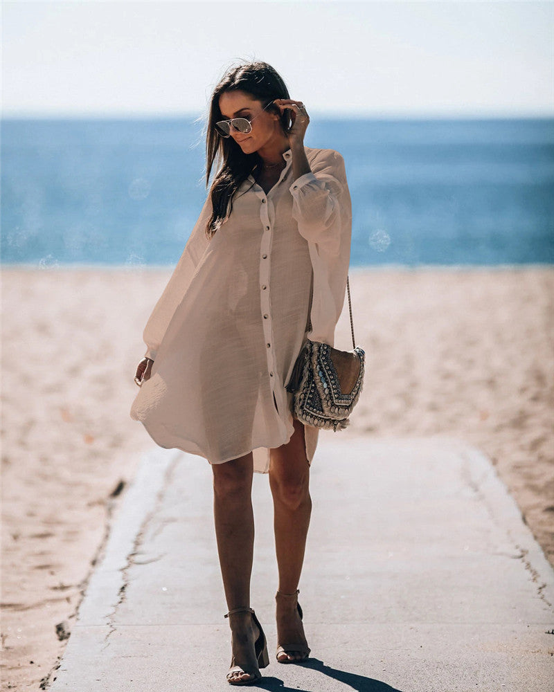 New Bamboo Shirt Single-Breasted Beach Sun Protection Shirt Seaside Casual Vacation Skirt