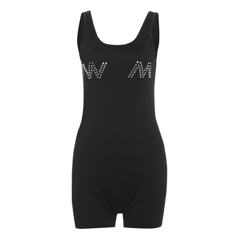 Spring Summer Women Sexy Letters Rhinestone Casual Sling Slim Fit Bodysuit