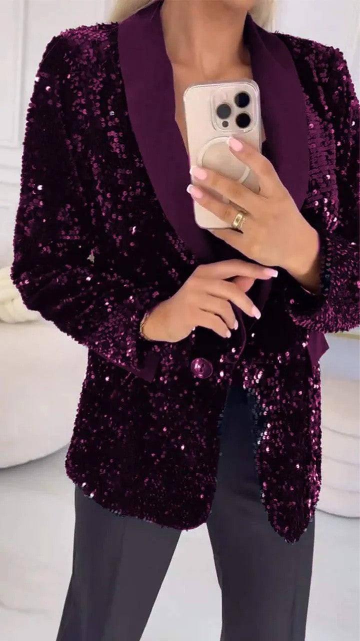 Autumn Winter Casual Fashionable Sequ Collared Blazer