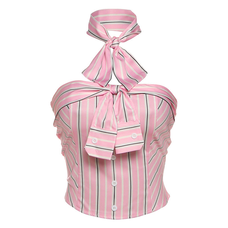 Women Clothing Fall Sexy Slim Fit Bow Striped Tube Top Bow Tie Vest Two Piece Set