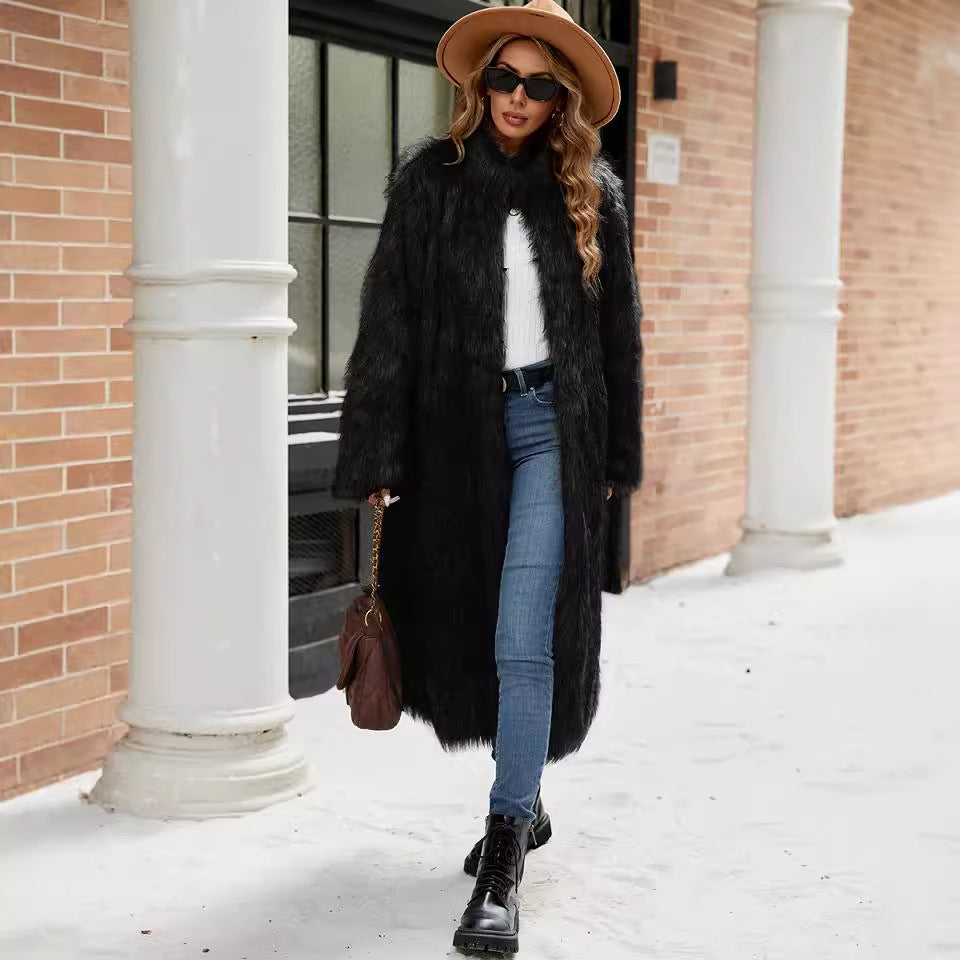 Stand Collar Women Faux Fur Coat Top Faux Fur Long Cut Coat Trench Coat