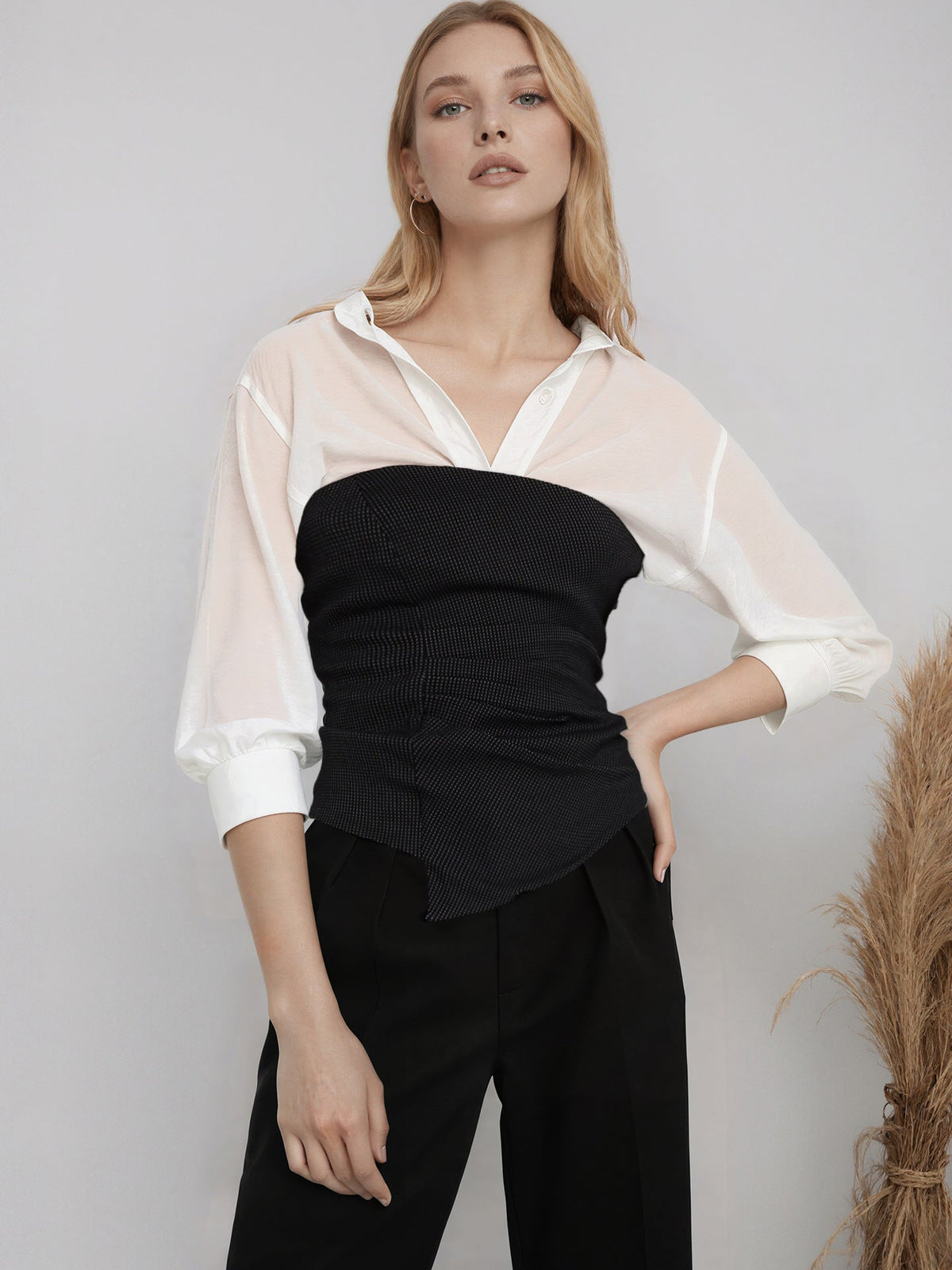 White V neck Waist Three Quarter Sleeve Shirt Women French Elegant Niche Slimming Top