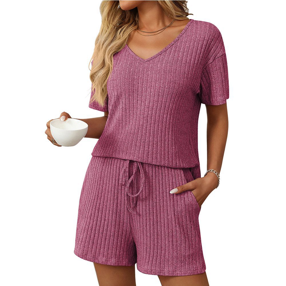Women Clothing Summer Solid Color Rib Fabric Short Sleeved Two Piece Pant Sets