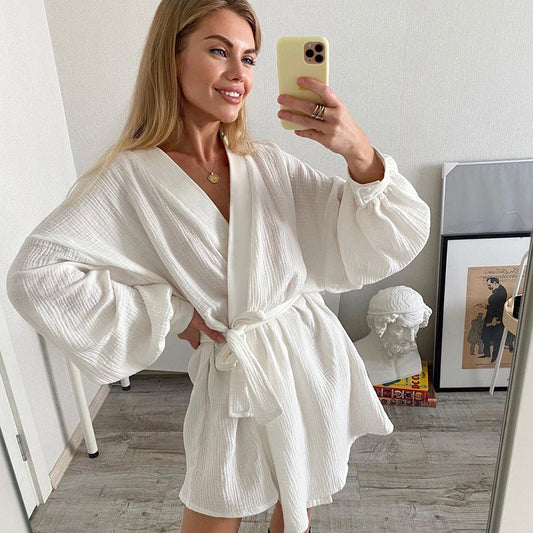 Fall Pure Cotton Long Sleeve Nightgown Shorts Two Piece Sets Pajamas Soft Outerwear Homewear Women
