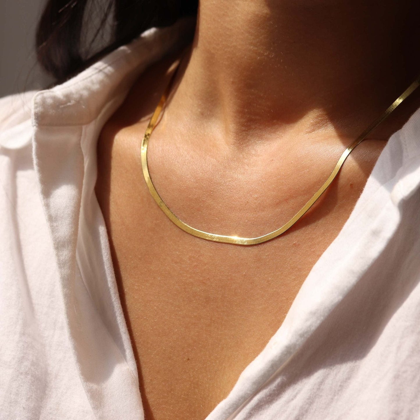 14K Gold Plated Herringbone Choker Necklace - Dainty Thin Snake Chain Layered Jewelry for Women