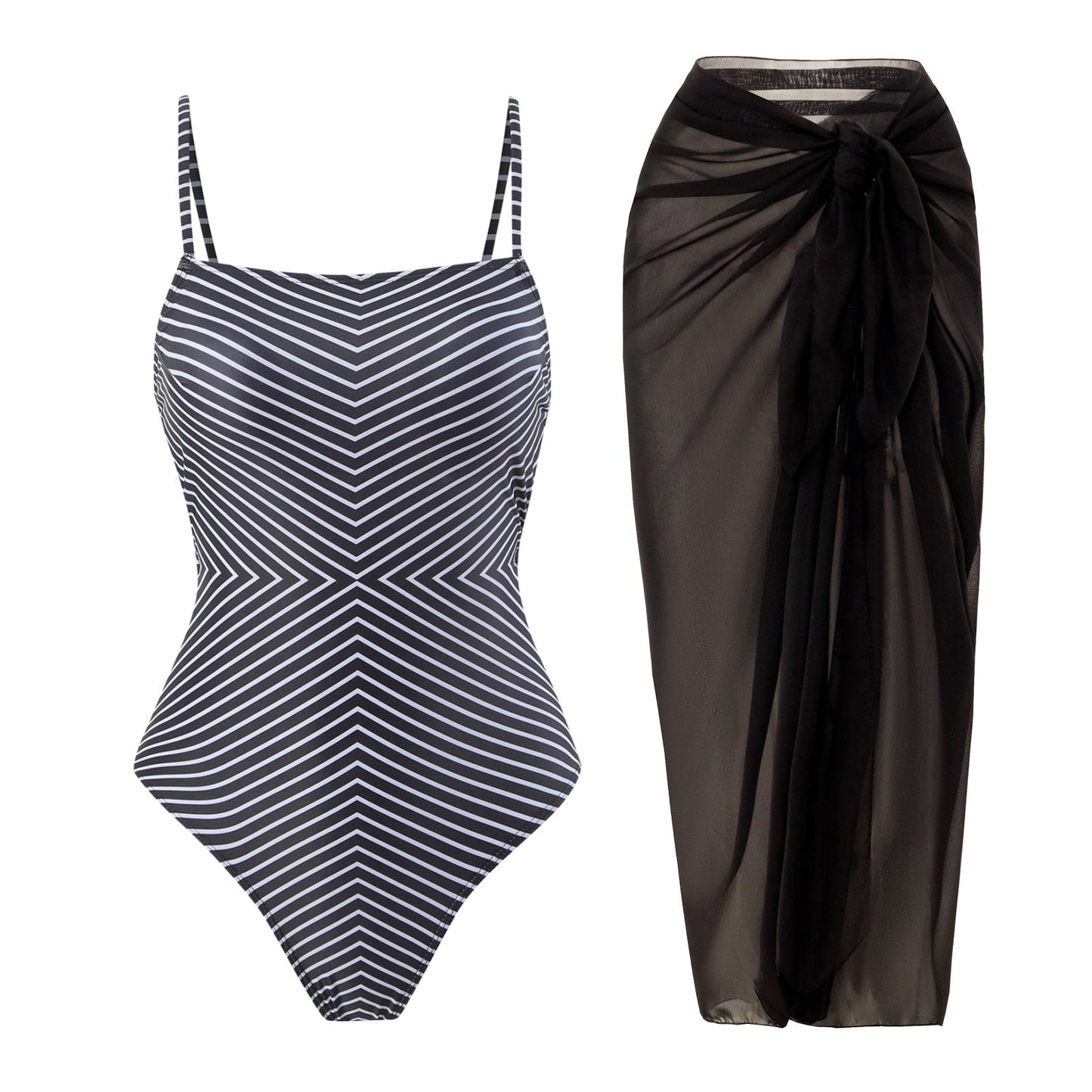Sexy One Piece Swimsuit Women Bikini Striped Printed Gauze Skirt Swimsuit Bikini
