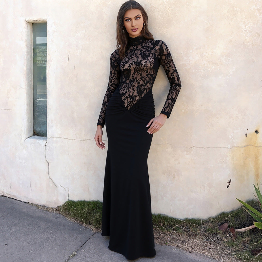 Autumn Winter Women Clothing High Neck Sexy Hollow Out Cutout out See through Lace Slim Fit Long Sleeved Elegant Dress