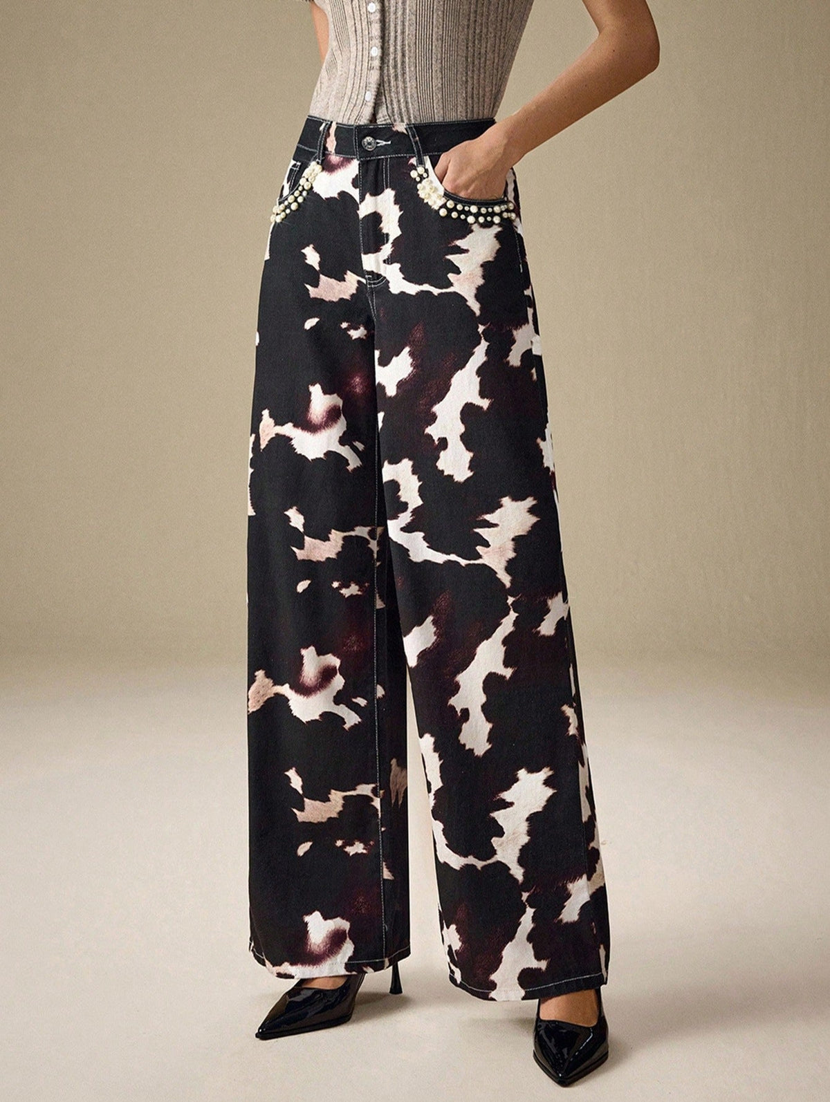 Women Clothing Pearl Lace Simple Fresh Loose All Matching Printed Denim Trousers