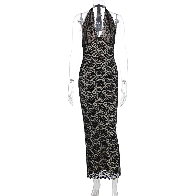 Summer Women Clothing Sexy Halter Lace Split Slim Slimming Dress