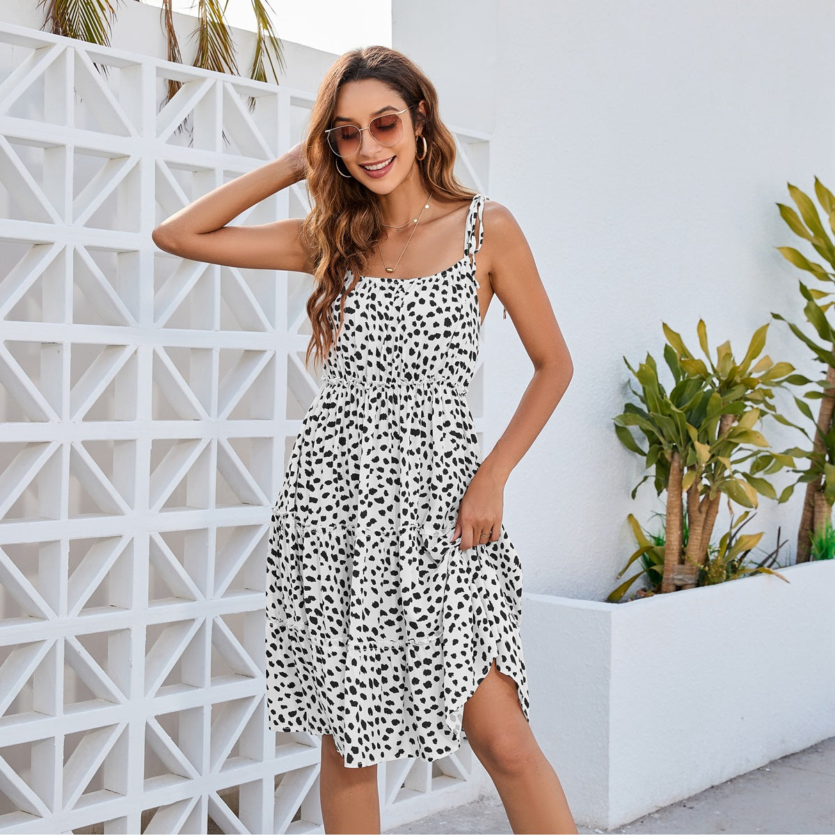 Strap Floral Print Dress Leopard Print Polka Dot Women