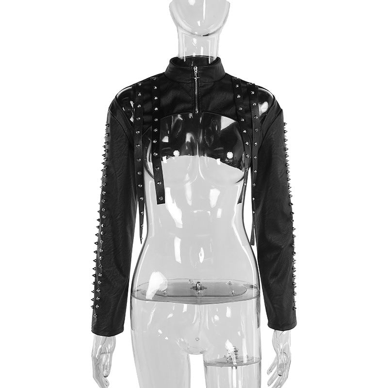 Autumn Women Clothing Elegant Sexy Slim Rivet Faux Leather Smock Top Women