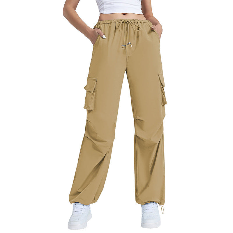 Retro Straight Wide Leg Pants Women Autumn Solid Color Multi Pocket Loose Baggy Trousers Casual Working Pants