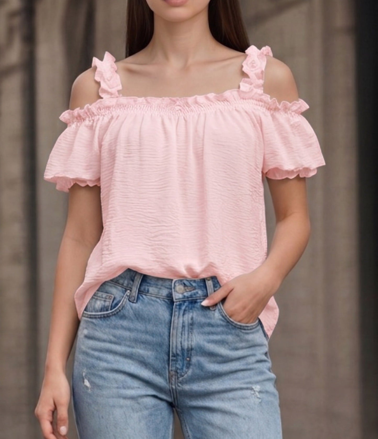 All Match Solid Color V neck Ruffled off the Shoulder Casual Sling Top