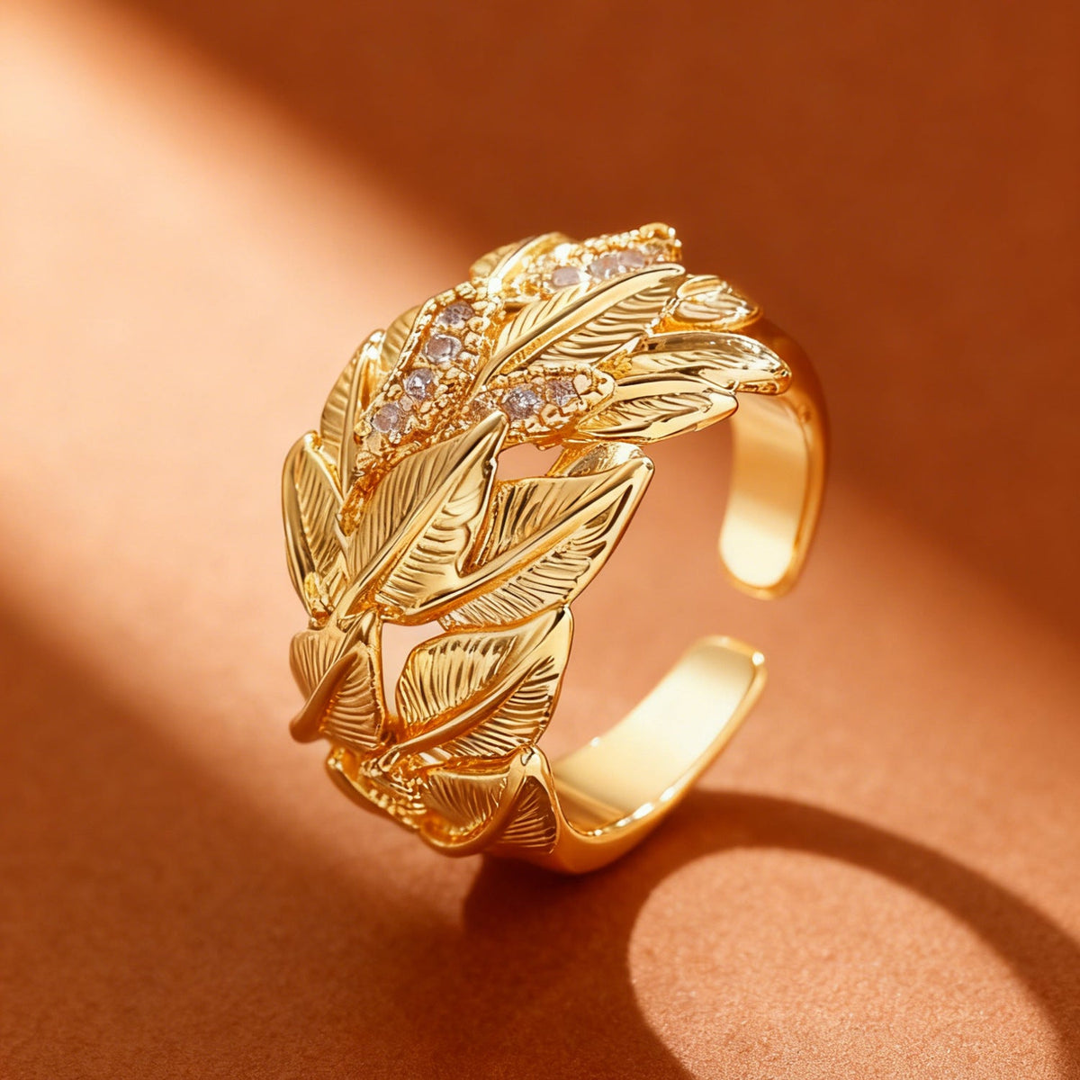 Luxury Leaf Texture Copper Inlaid Zircon Ring Gold Two-Tone Open Ring