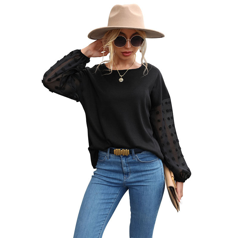 Autumn Winter Solid Color Top Women Black Lace Stitching Knitwear