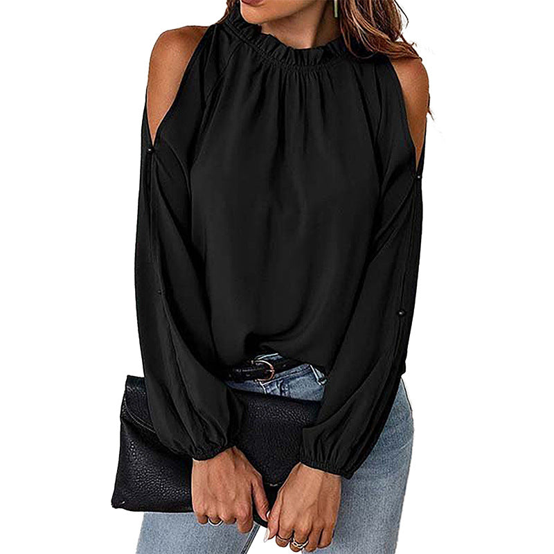 Off Shoulder Top for Women Spring Autumn Solid Color Loose round Neck Long Sleeve Simple Chiffon Shirt for Women