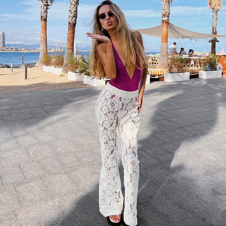 Cotton Lace White Jacquard See through High Waist Casual Flared Pants Spring Trousers