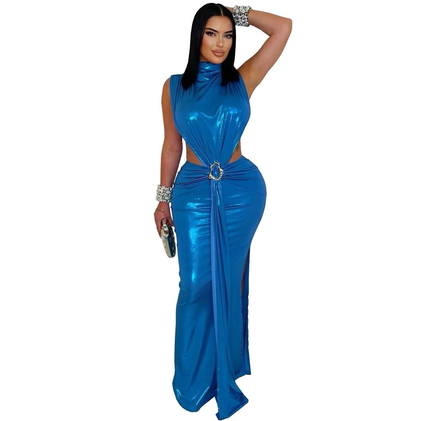 Women Wear Sexy Elegant Turtleneck Arm Covering Split Dress