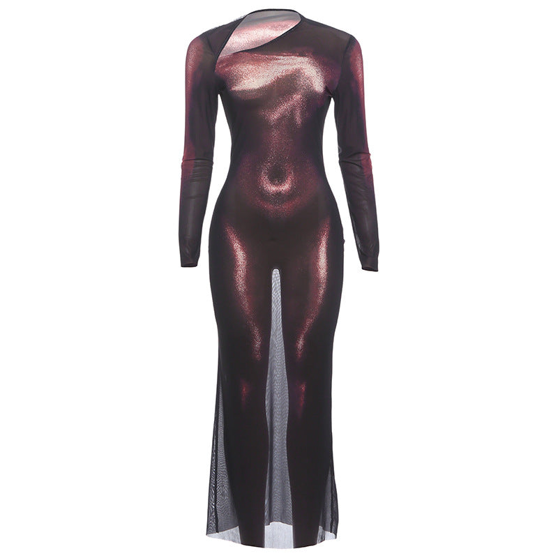 Autumn Winter Women Clothing Sexy Diagonal Collar Slim Sheath Long Sleeve Printed Dress