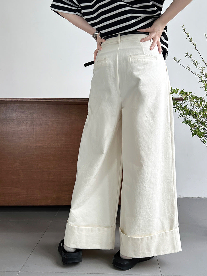 Washed Cotton Work Pant Trousers Women Summer Slimming Slim Fit Casual Curling Wide Leg Pants