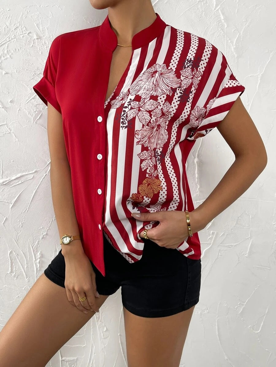 Women Clothing Summer Double Matching Contrast Color Floral Button Cardigan Short Sleeve Shirt Women