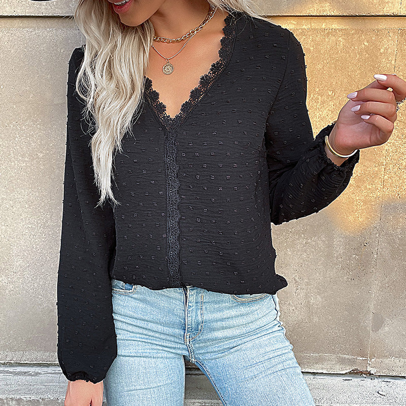 Autumn Women Clothing Long Sleeve Solid Color V neck Shirt for Women