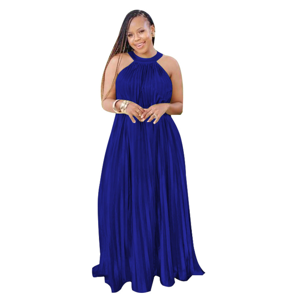 Women Wear Sleeveless Cold Shoulder Artificial Silk Pleated Large Swing Dress