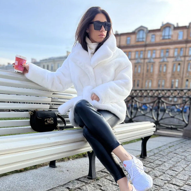 Fur Coat Imitation Rabbit Fur Collared Thickening Warm with Belt Coat Women Plush