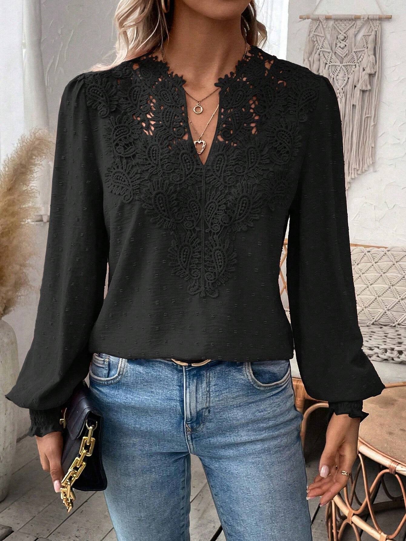 Autumn Winter V neck Lace Solid Color Long Sleeve Casual T Women Top